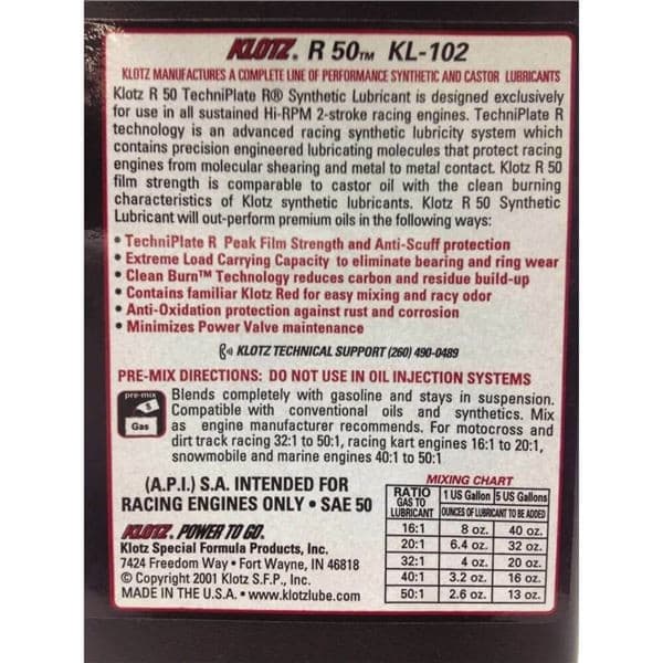 KLOTZ KL-105 R50 Techniplate PreMix 2-Stroke Oil Racing Lubricant - Image 2